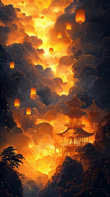 灯笼照亮云雾缭绕的古寺