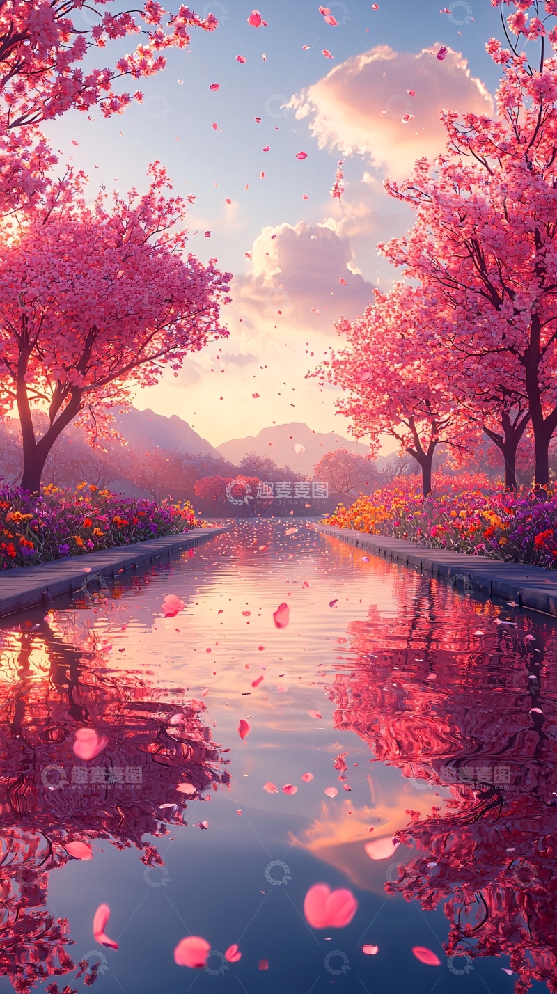 高清大图下载【趣麦麦图】粉色樱花树倒影在水中