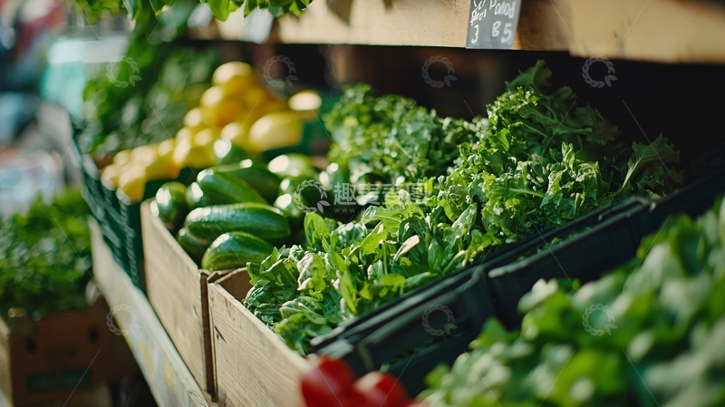 高清大图下载【趣麦麦图】木制货架上的新鲜蔬菜水果