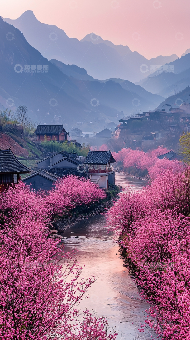 高清大图下载【趣麦麦图】粉色花朵簇拥的山水村落