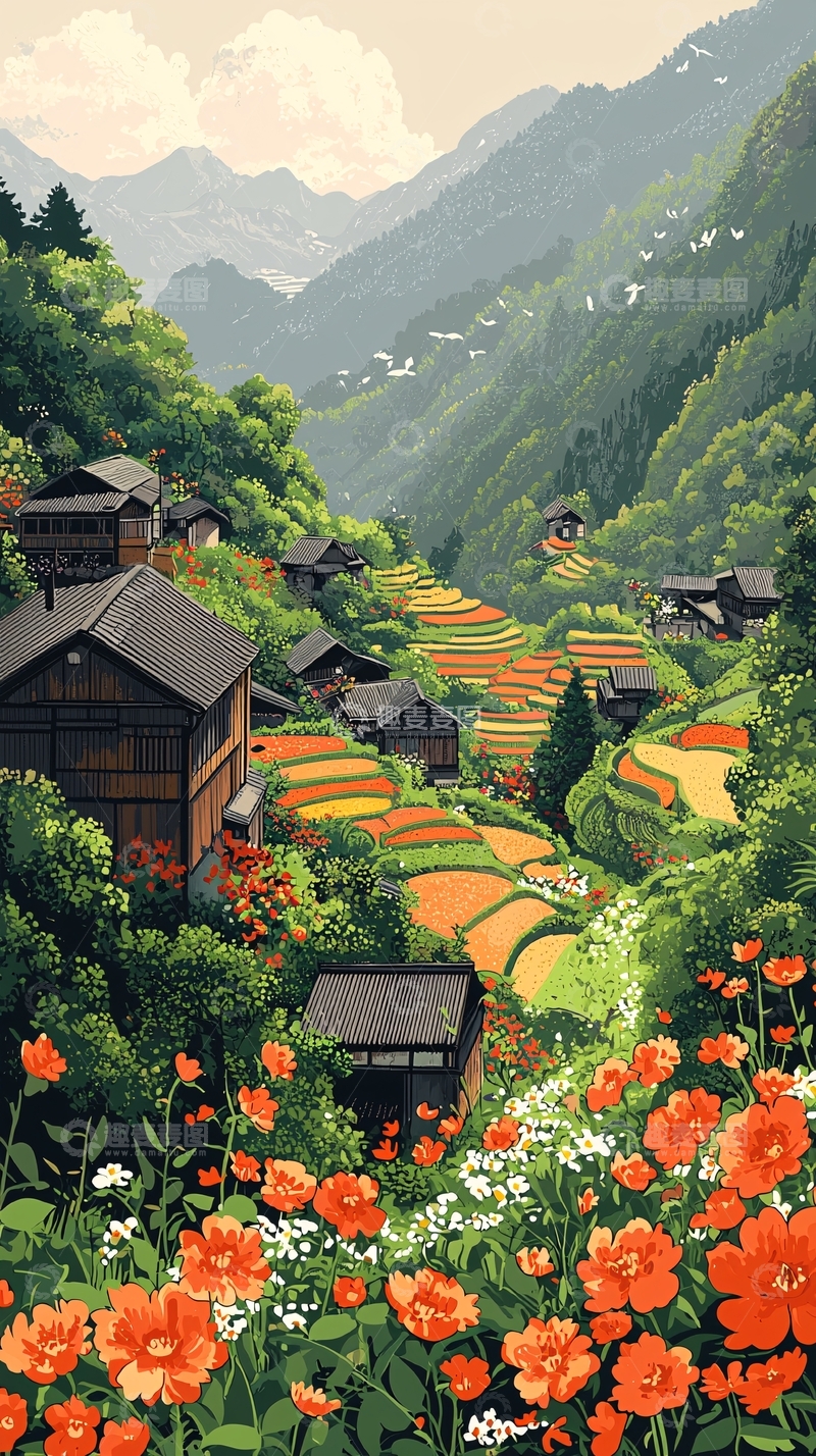 高清大图下载【趣麦麦图】梯田上的村庄
