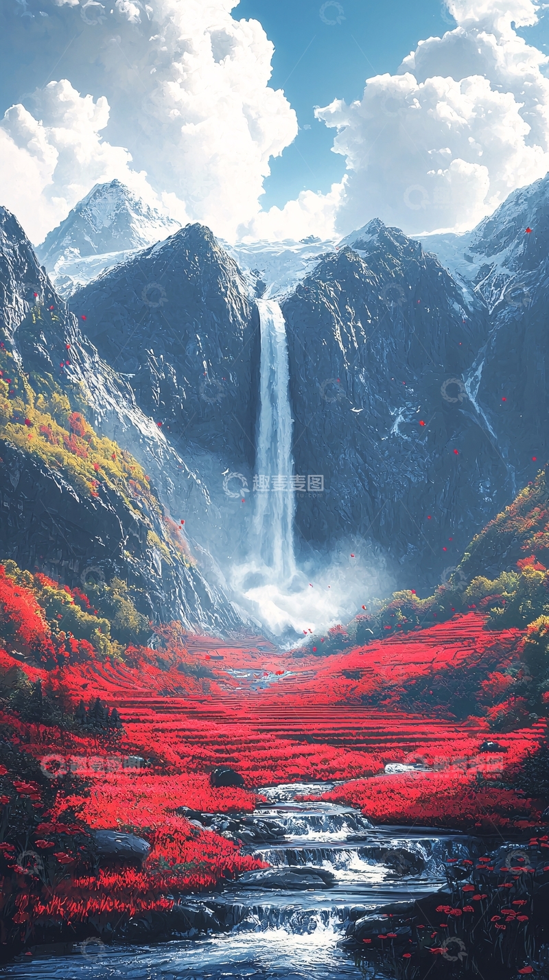 高清大图下载【趣麦麦图】壮丽山河间的瀑布美景