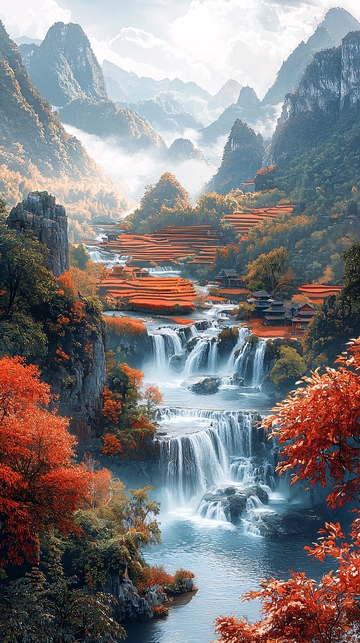 山水田园瀑布秋色美景