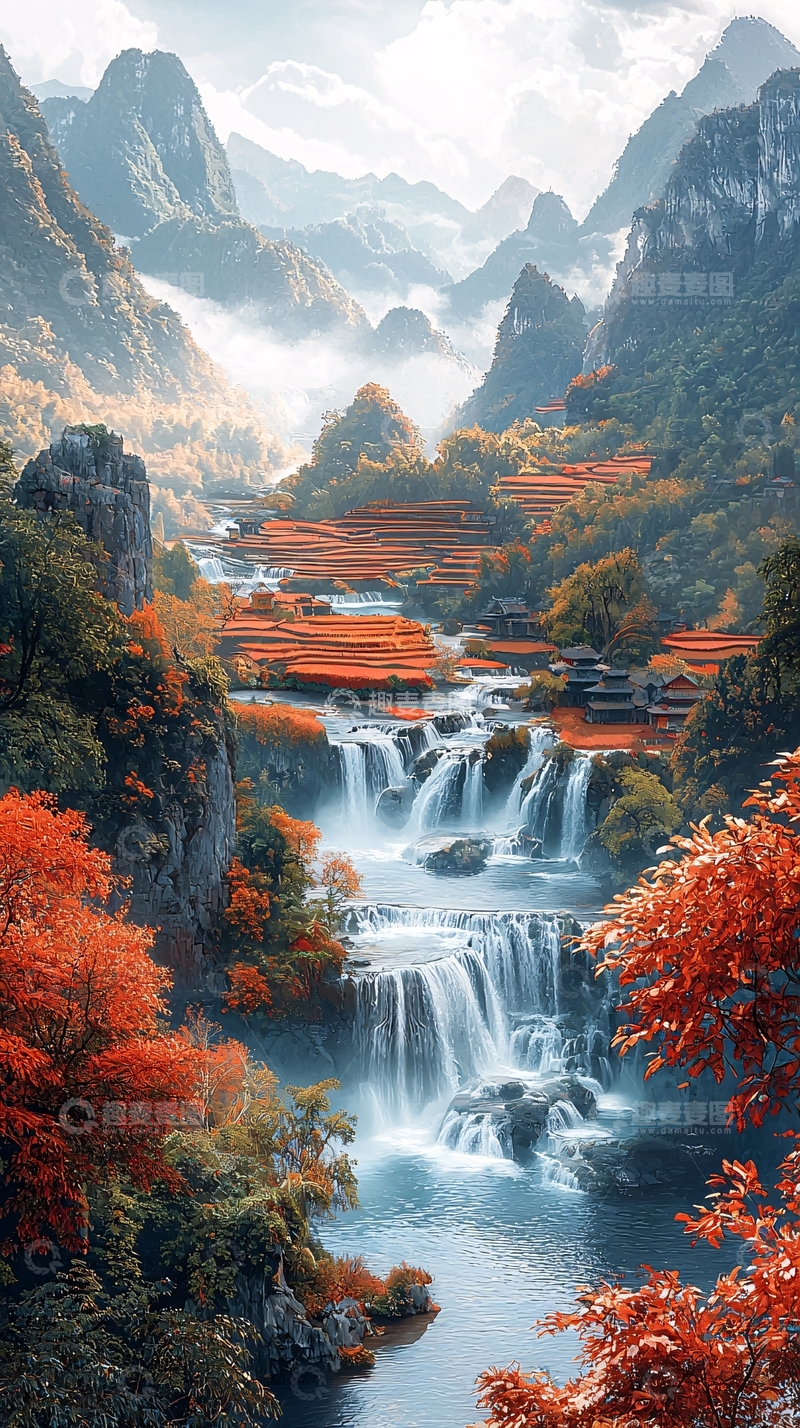 高清大图下载【趣麦麦图】山水田园瀑布秋色美景