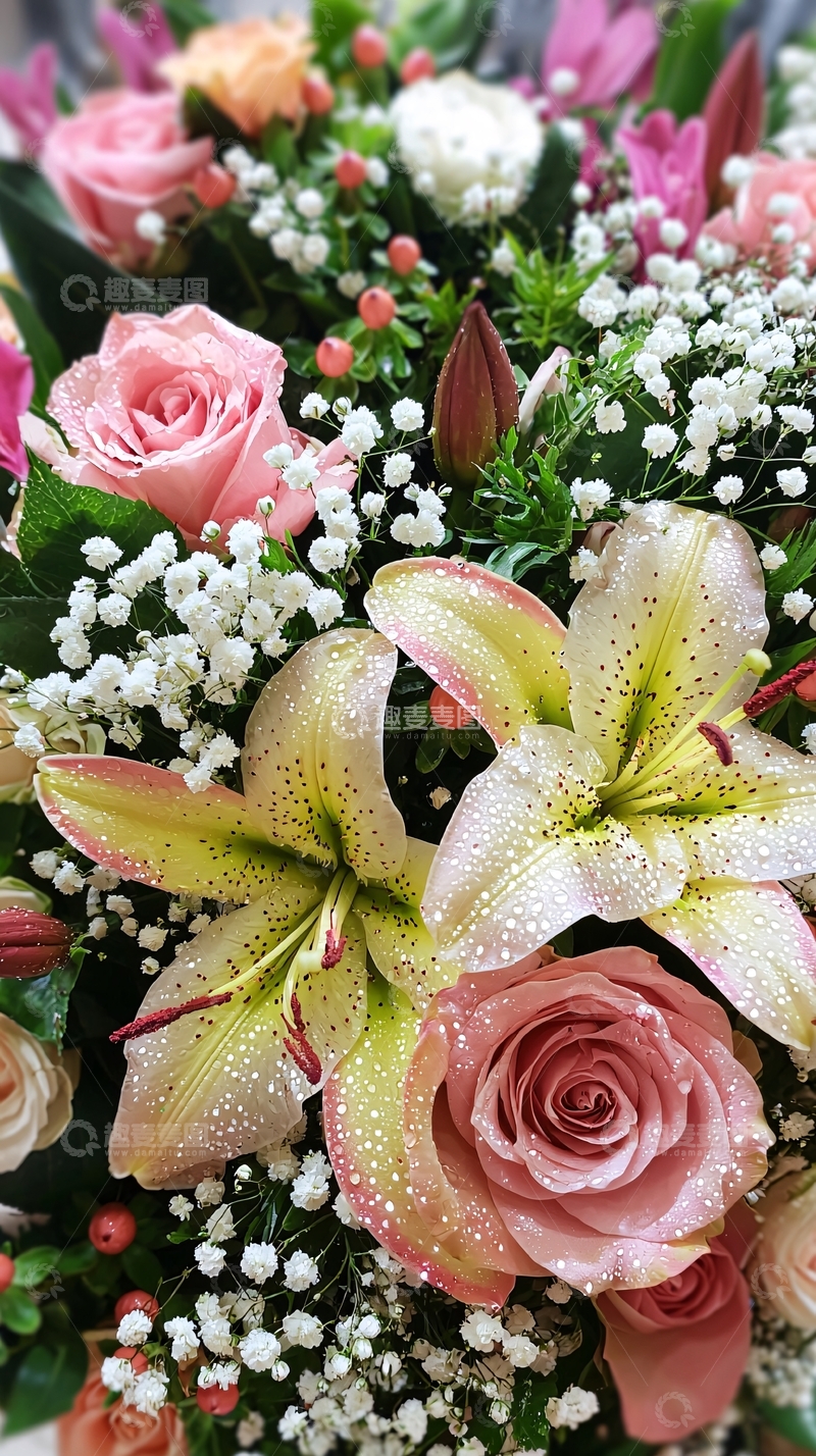 高清大图下载【趣麦麦图】粉色玫瑰百合花束