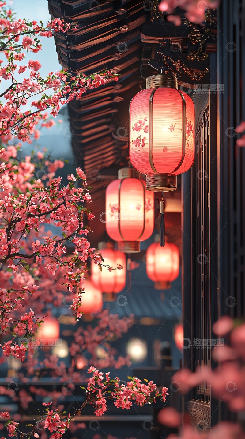 高清大图下载【趣麦麦图】粉色灯笼与盛开的桃花