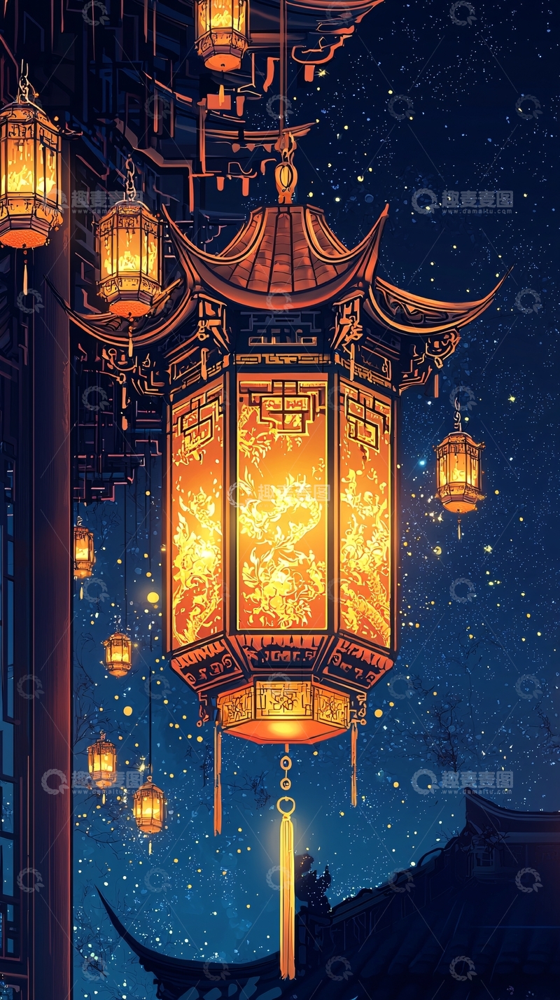 高清大图下载【趣麦麦图】夜空中悬挂的中国宫灯