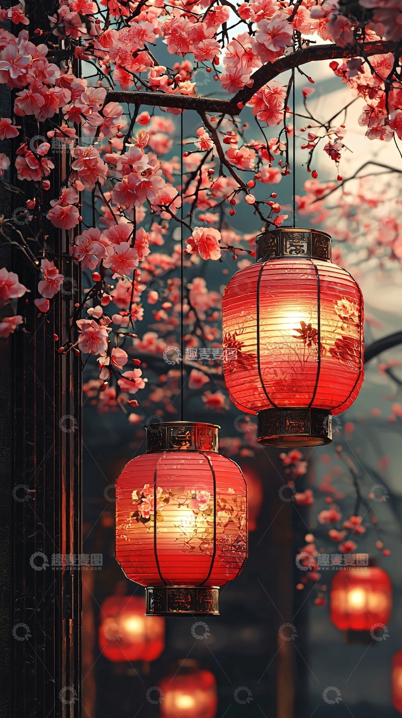 高清大图下载【趣麦麦图】红色灯笼樱花树的浪漫