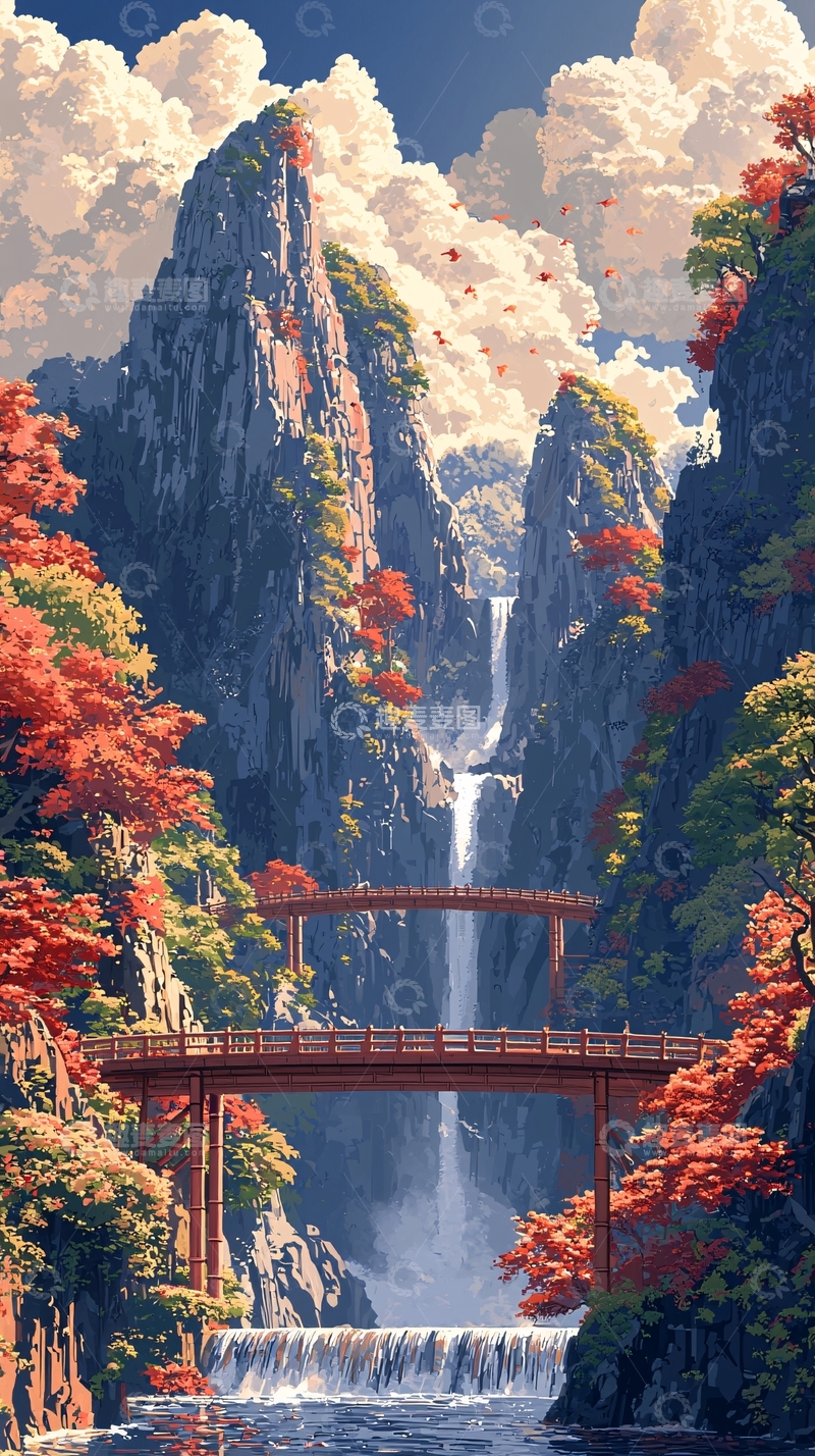 高清大图下载【趣麦麦图】壮丽山水秋色瀑布桥梁