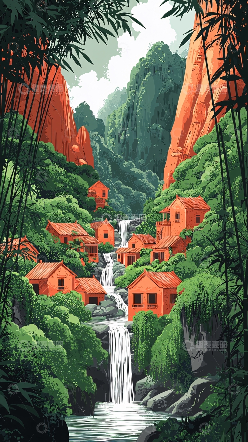 高清大图下载【趣麦麦图】山间村落瀑布绿意盎然