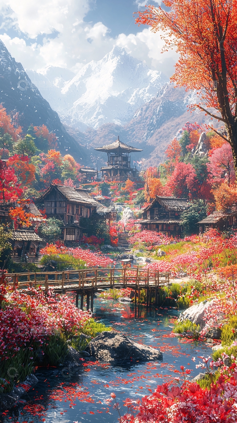 高清大图下载【趣麦麦图】秋日山间日式村落