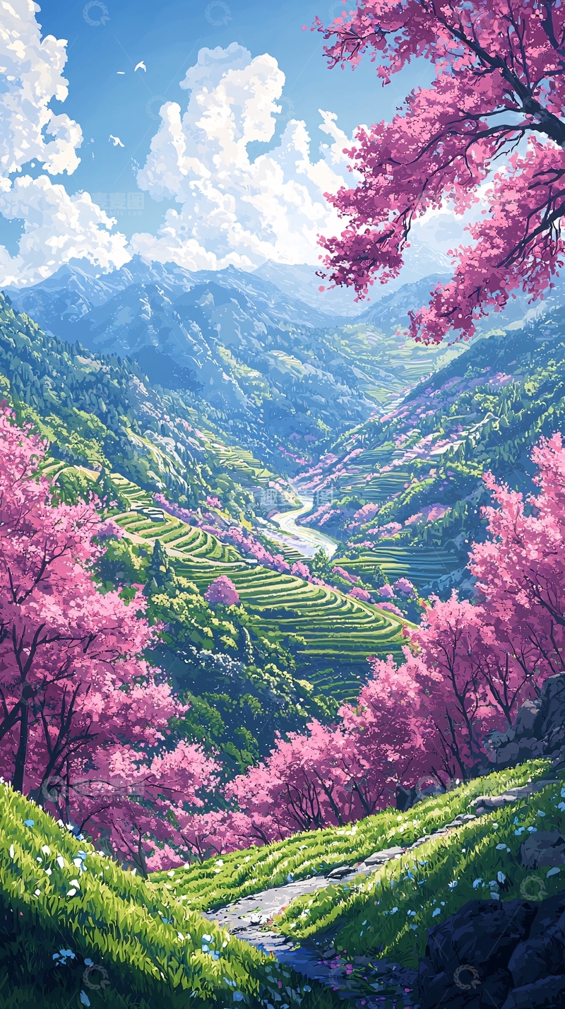 高清大图下载【趣麦麦图】粉色花树下的山谷梯田