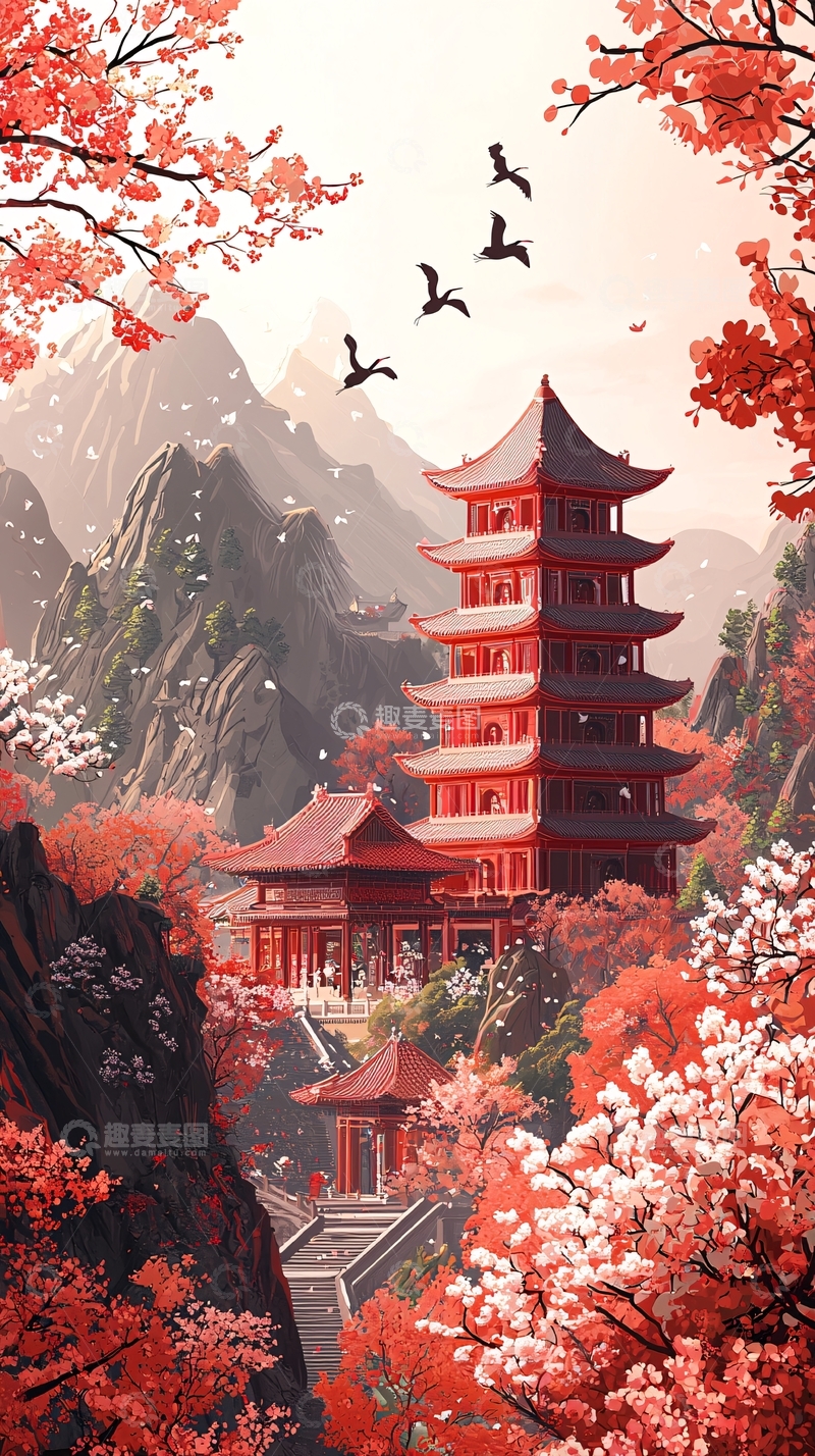高清大图下载【趣麦麦图】红色樱花簇拥的宝塔