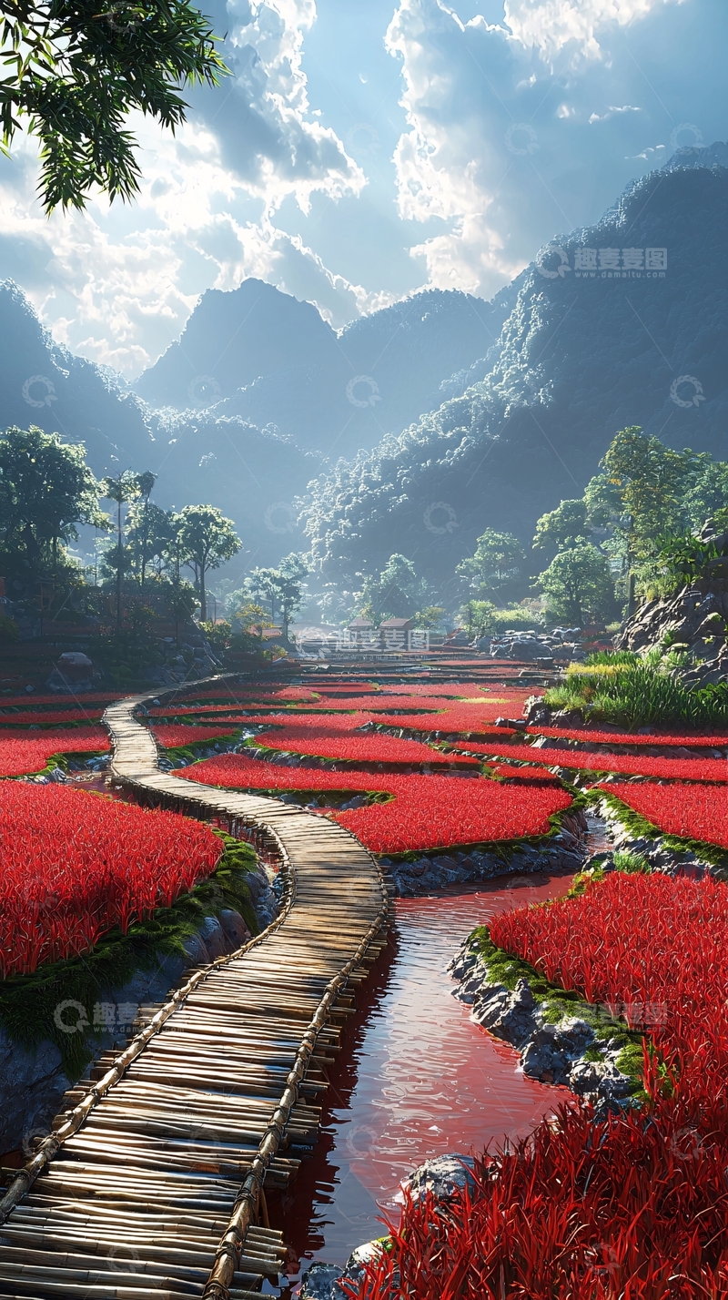 高清大图下载【趣麦麦图】红色稻田的田园风光