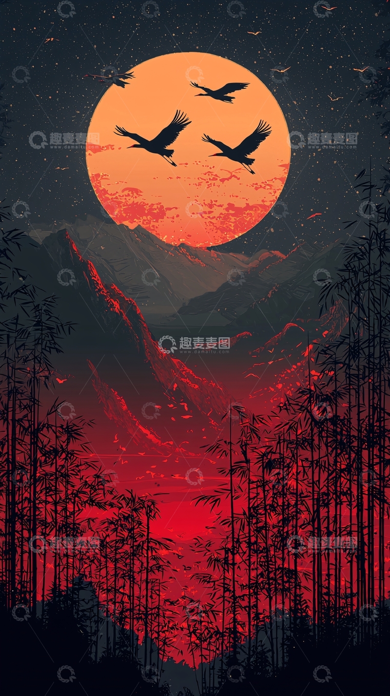 高清大图下载【趣麦麦图】夜幕下群鸟飞向月亮