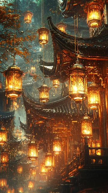 古风灯笼下的建筑群