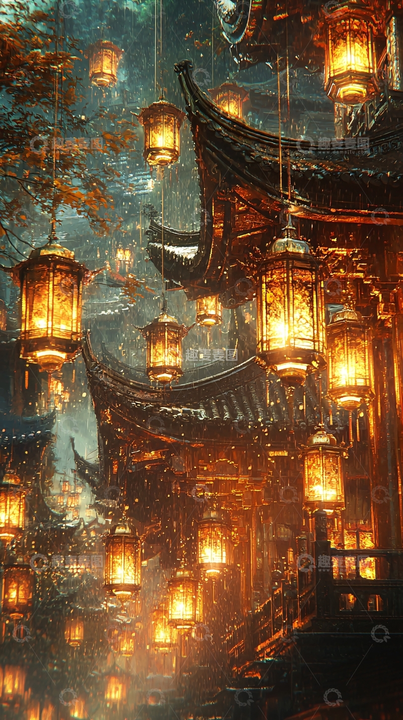 高清大图下载【趣麦麦图】古风灯笼下的建筑群