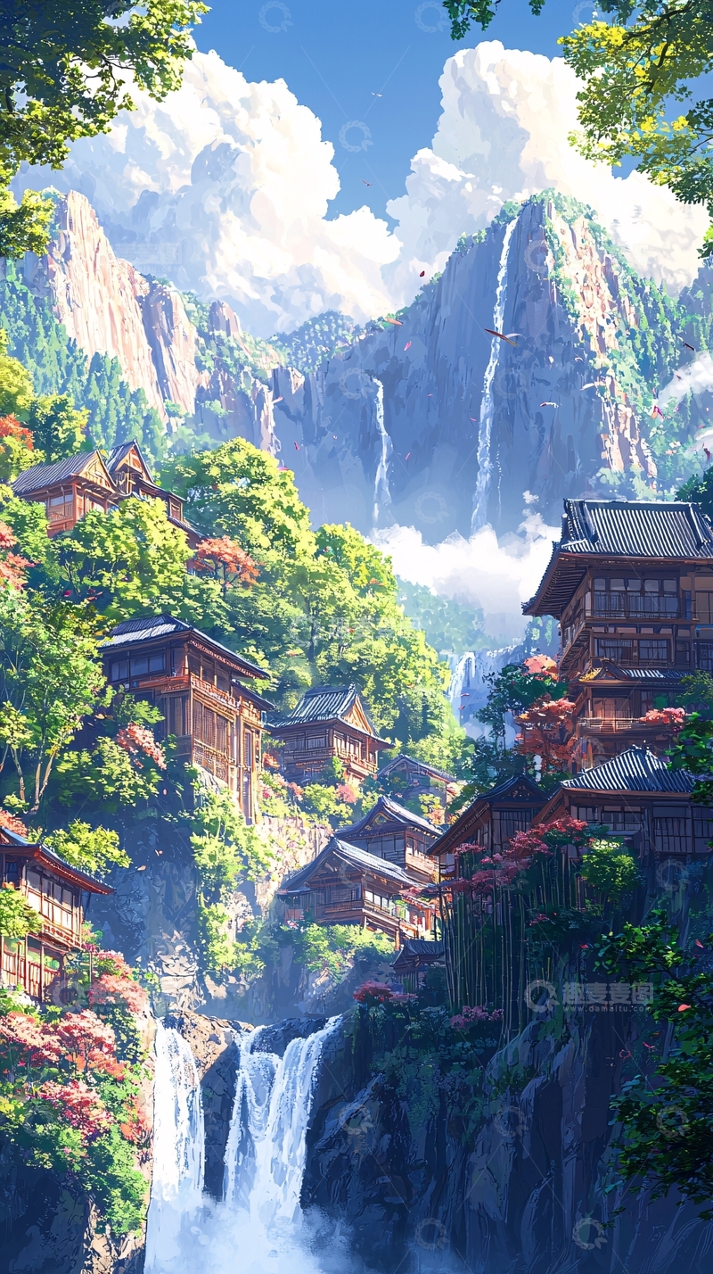 高清大图下载【趣麦麦图】山水瀑布间的日式房屋