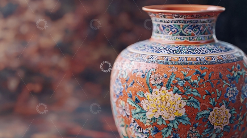 高清大图下载【趣麦麦图】橙色花卉图案瓷器花瓶