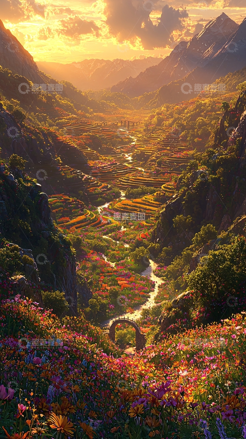 高清大图下载【趣麦麦图】峡谷花田日落美景
