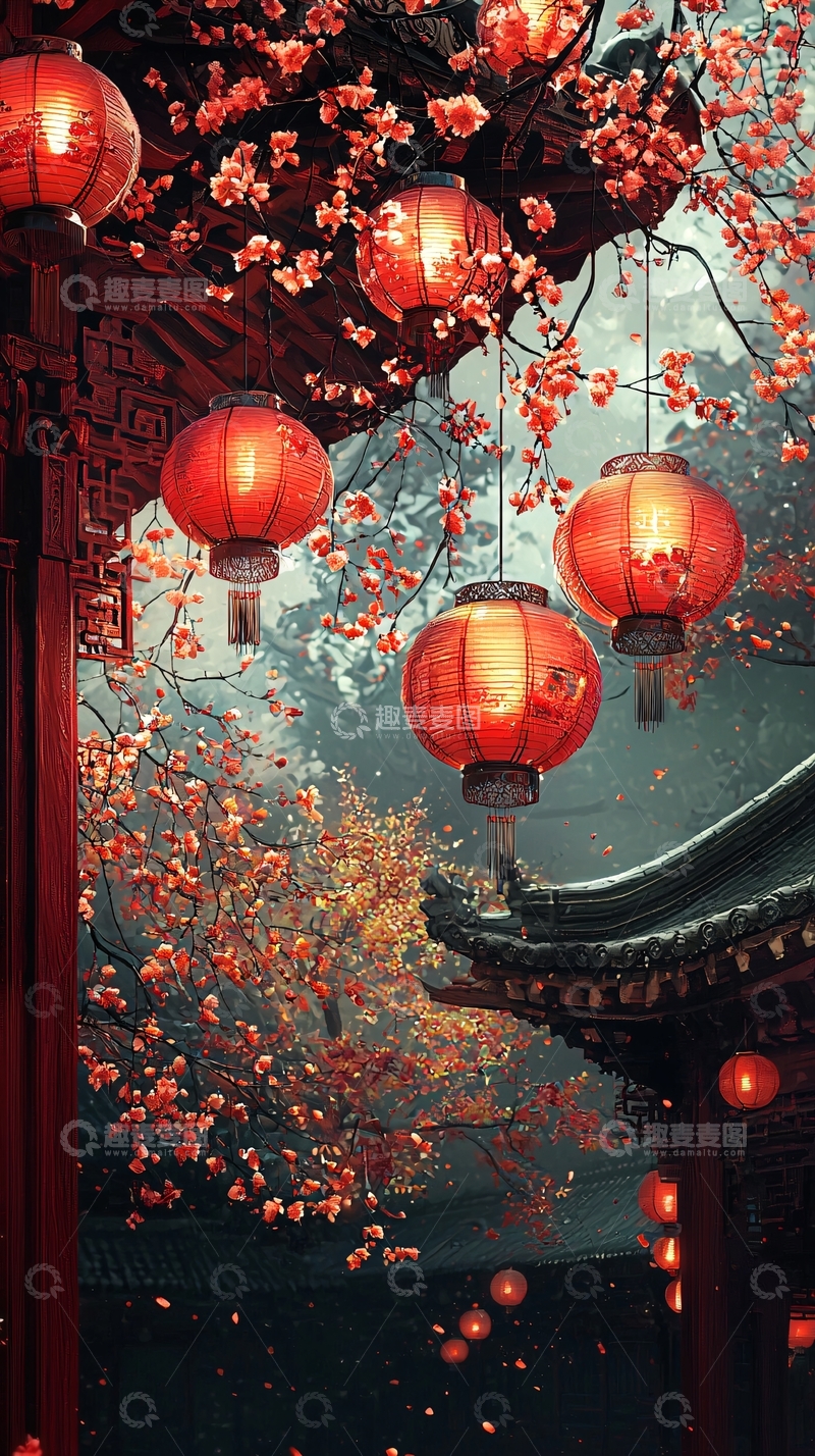 高清大图下载【趣麦麦图】红灯笼照亮古建筑