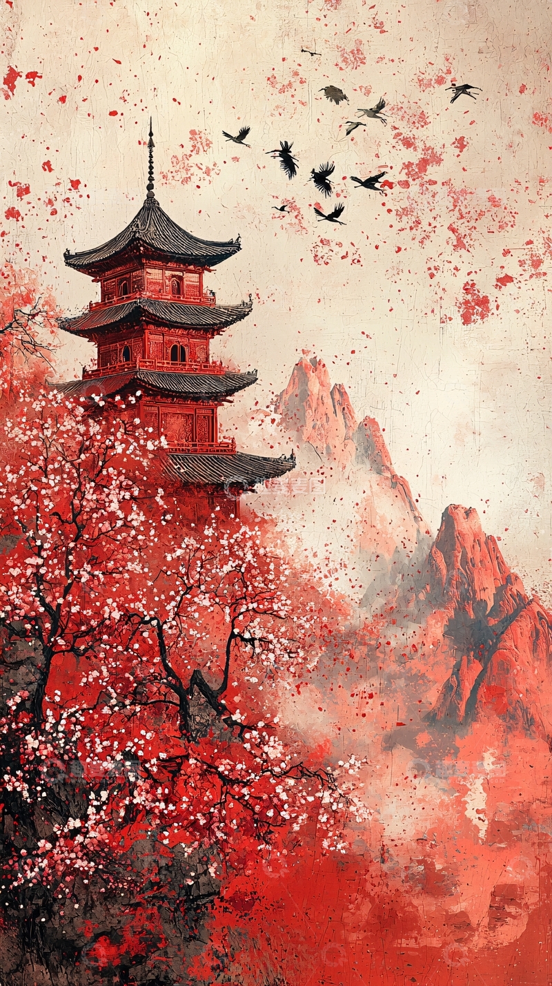 高清大图下载【趣麦麦图】红色古塔飞鸟山水