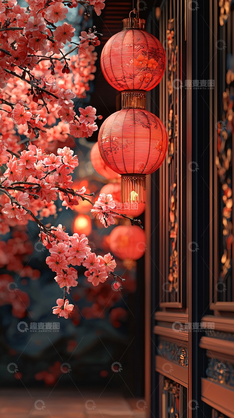 高清大图下载【趣麦麦图】红灯笼与盛开的桃花