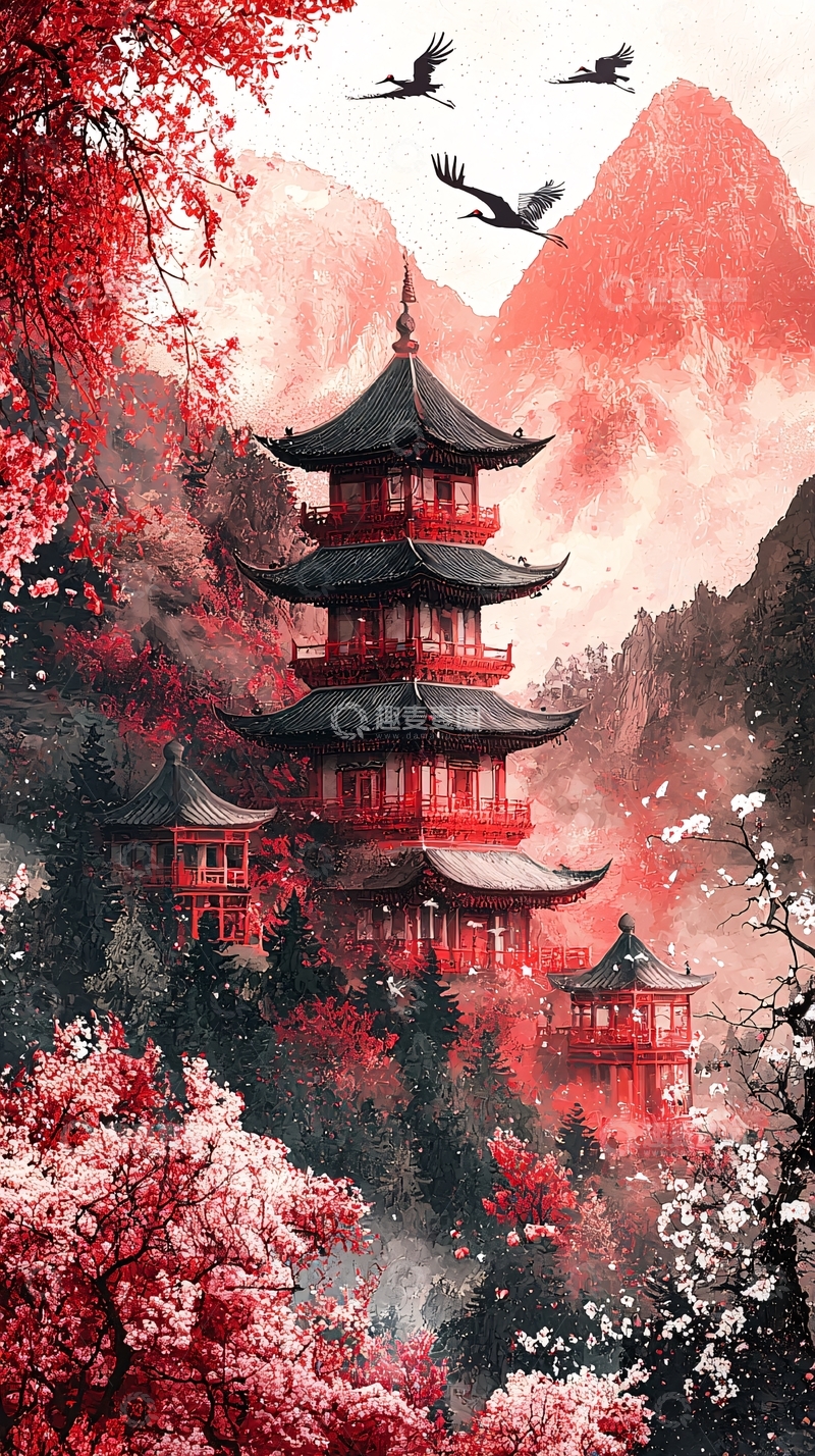 高清大图下载【趣麦麦图】红色古风建筑在山间