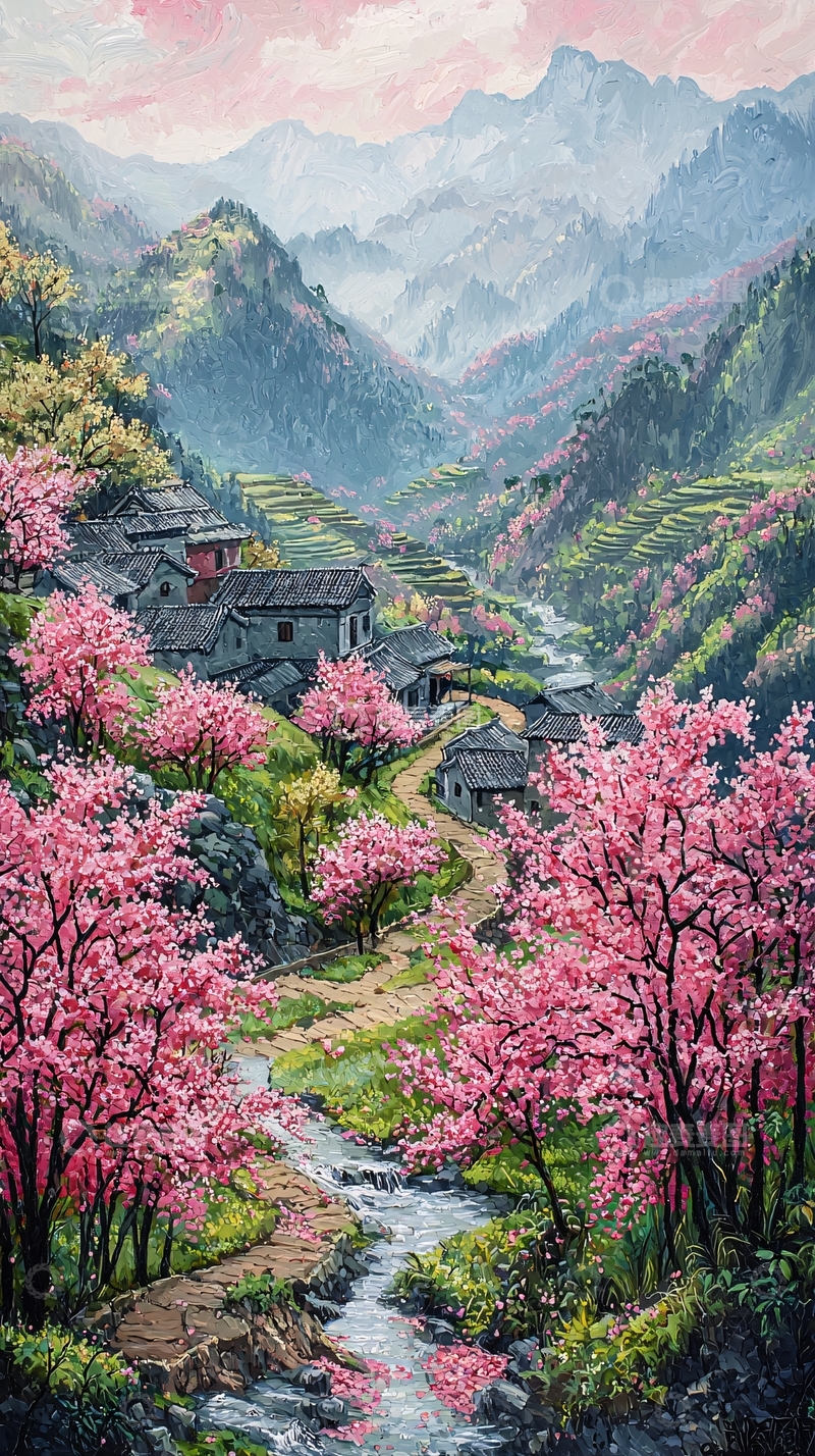 高清大图下载【趣麦麦图】山间粉色樱花村庄