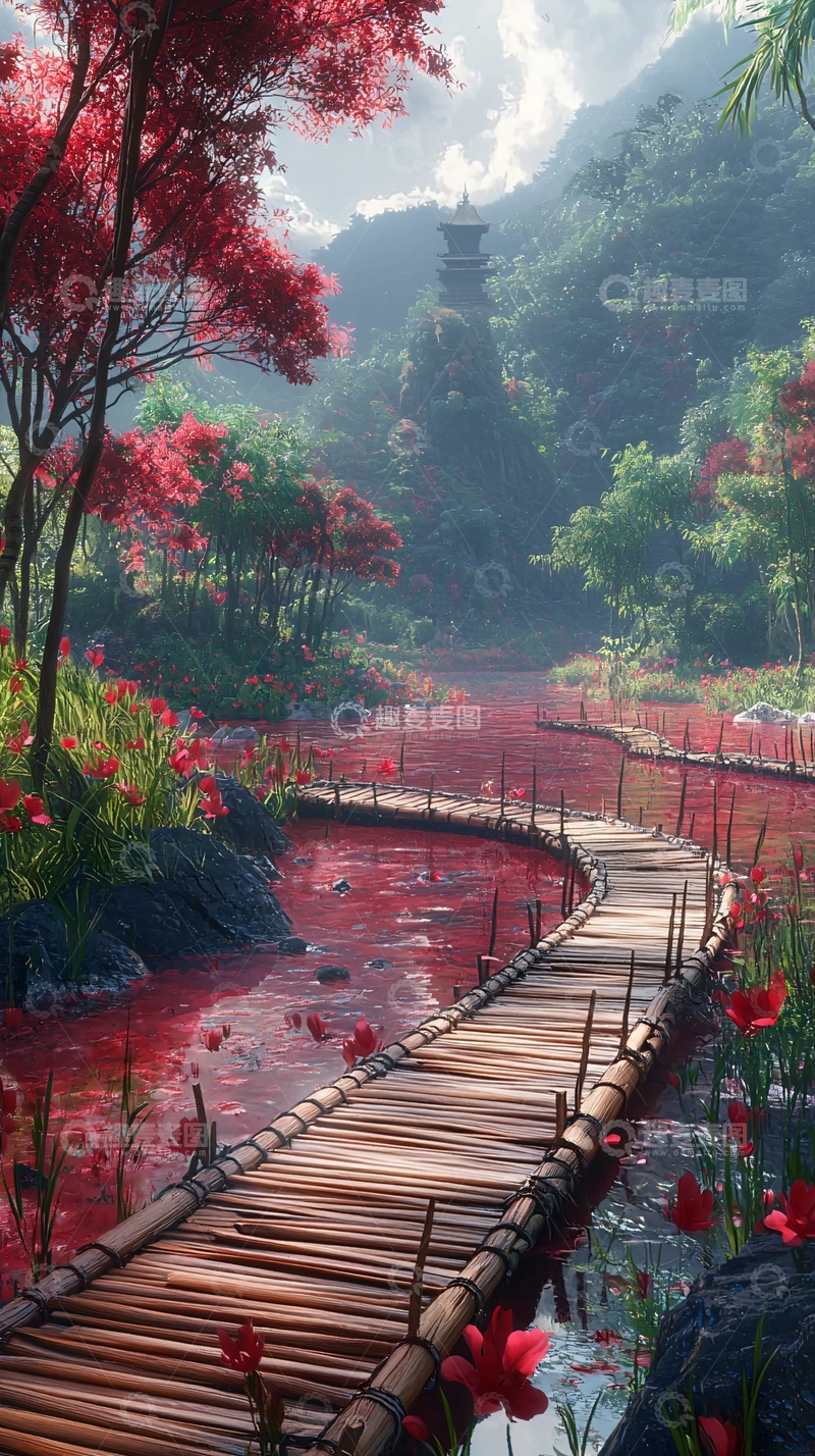 高清大图下载【趣麦麦图】红色溪流上的竹桥