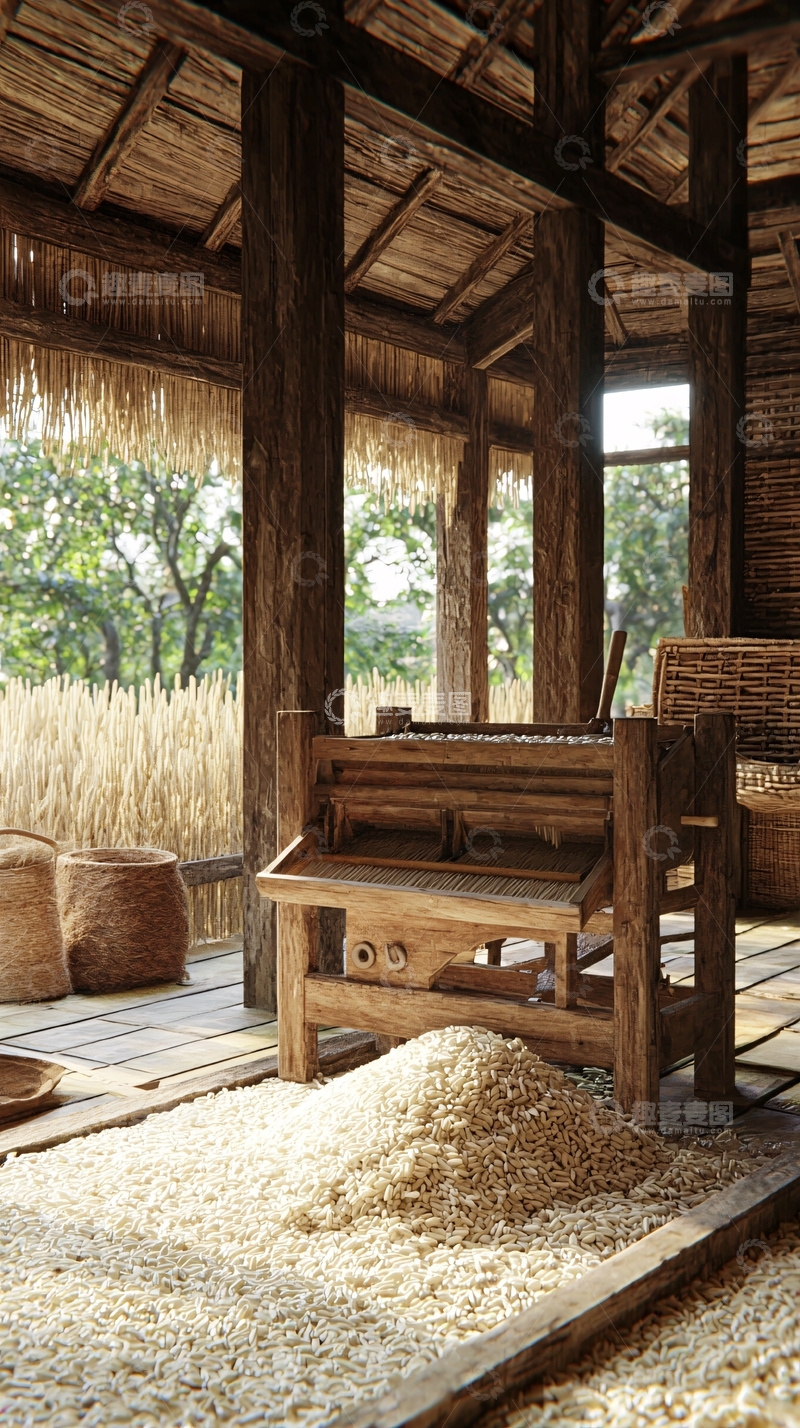 高清大图下载【趣麦麦图】乡村老屋谷物加工场景