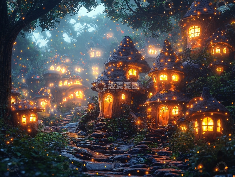 高清大图下载【趣麦麦图】梦幻森林小屋夜景
