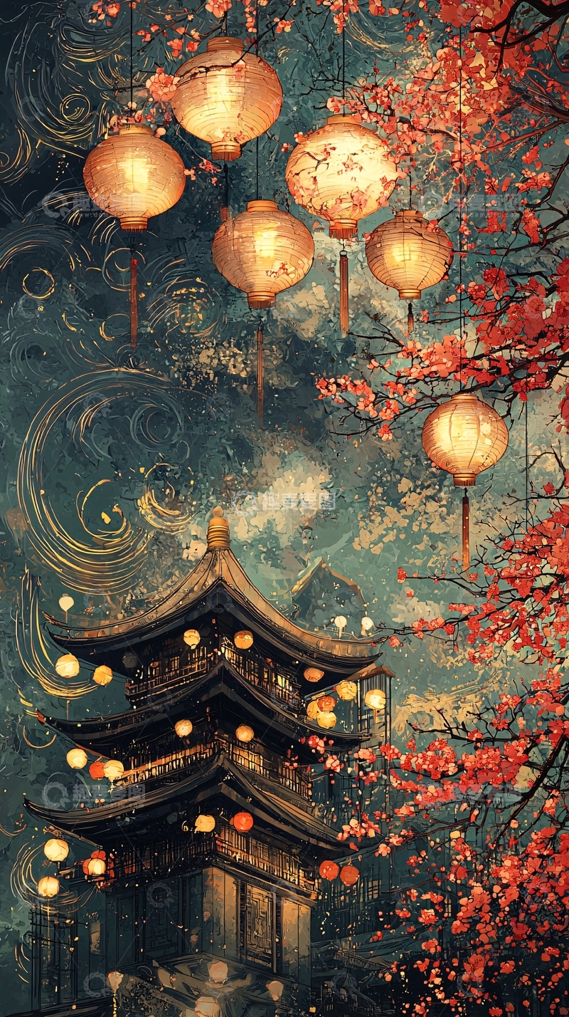 高清大图下载【趣麦麦图】中国风灯笼古建筑桃花