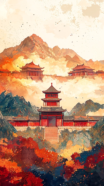 水墨风古建筑山水意境