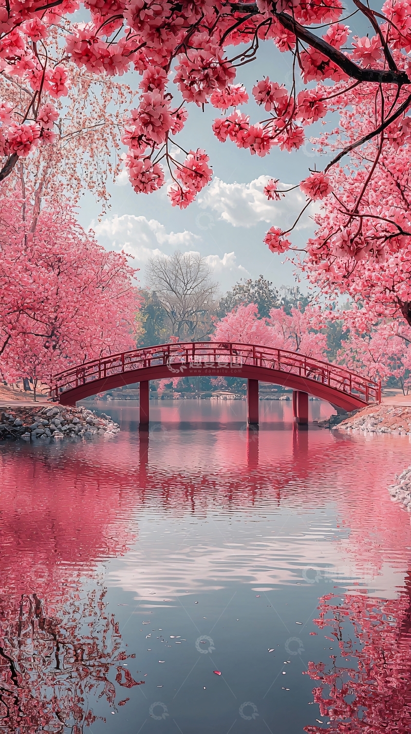 高清大图下载【趣麦麦图】粉色樱花红桥水面倒影的梦幻景色