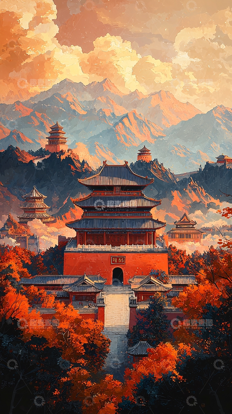 高清大图下载【趣麦麦图】秋日山峦古建筑