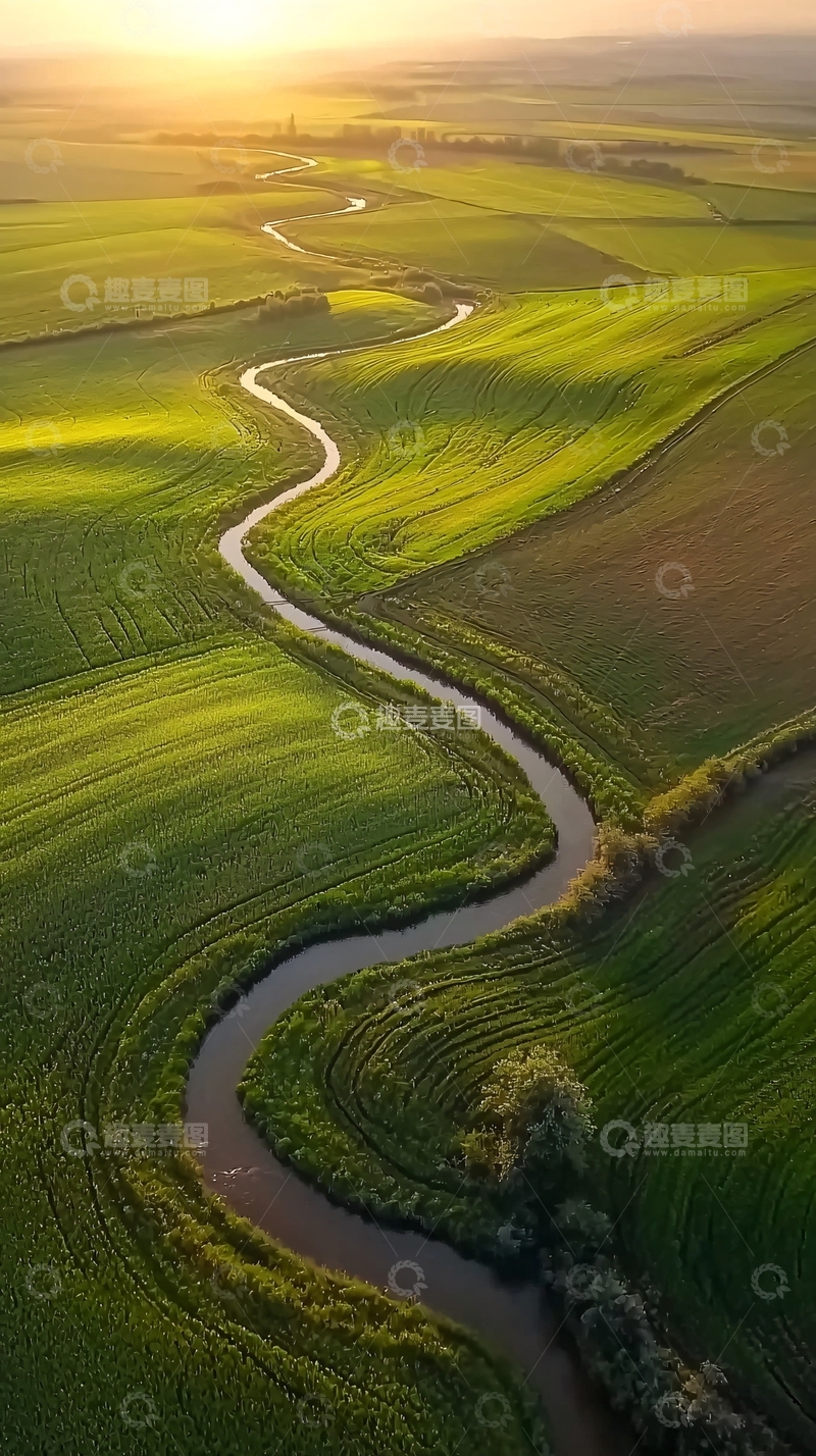 高清大图下载【趣麦麦图】蜿蜒河流穿过绿色田野