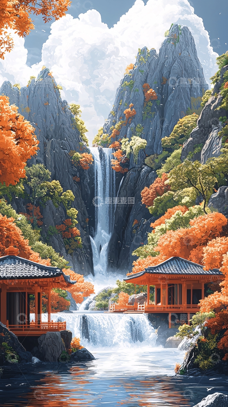 高清大图下载【趣麦麦图】秋景瀑布山间古寺
