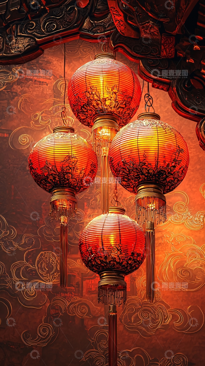 高清大图下载【趣麦麦图】红色灯笼悬挂在云纹背景前