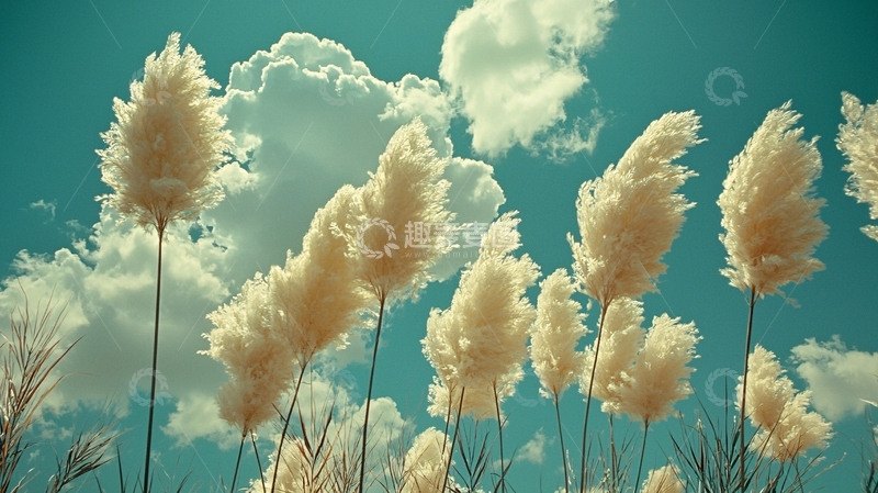 高清大图下载【趣麦麦图】浅蓝色天空下的芦苇