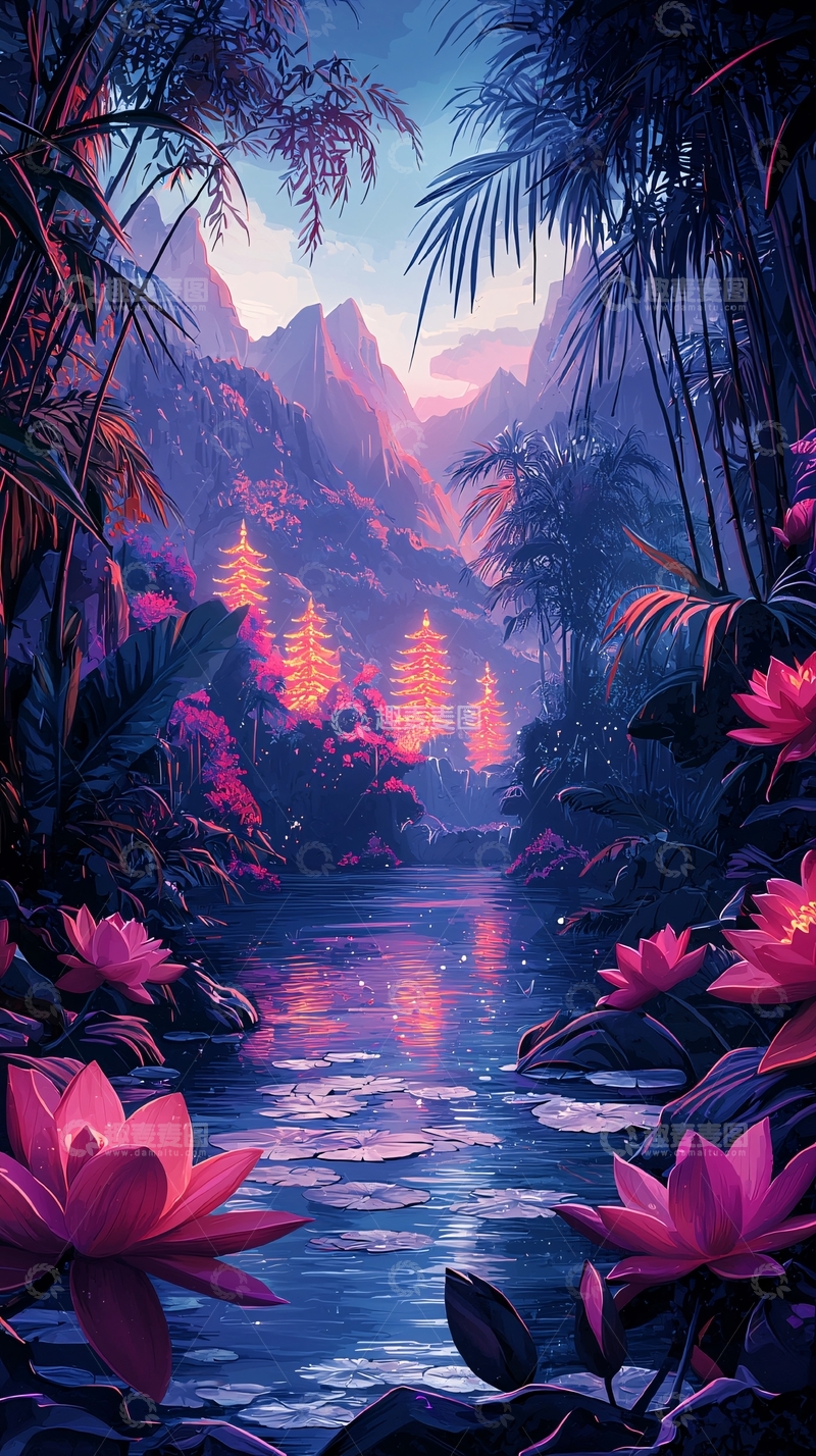 高清大图下载【趣麦麦图】热带雨林中的紫色莲花