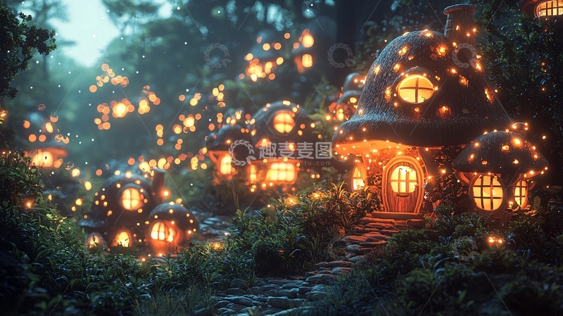 高清大图下载【趣麦麦图】梦幻森林蘑菇屋村庄
