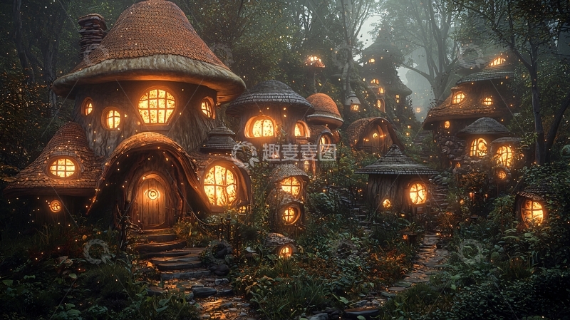 高清大图下载【趣麦麦图】-雾气森林里的蘑菇屋村庄