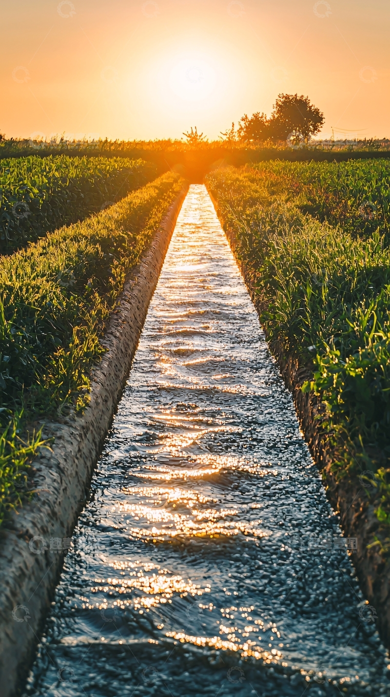 高清大图下载【趣麦麦图】日落田园灌溉渠