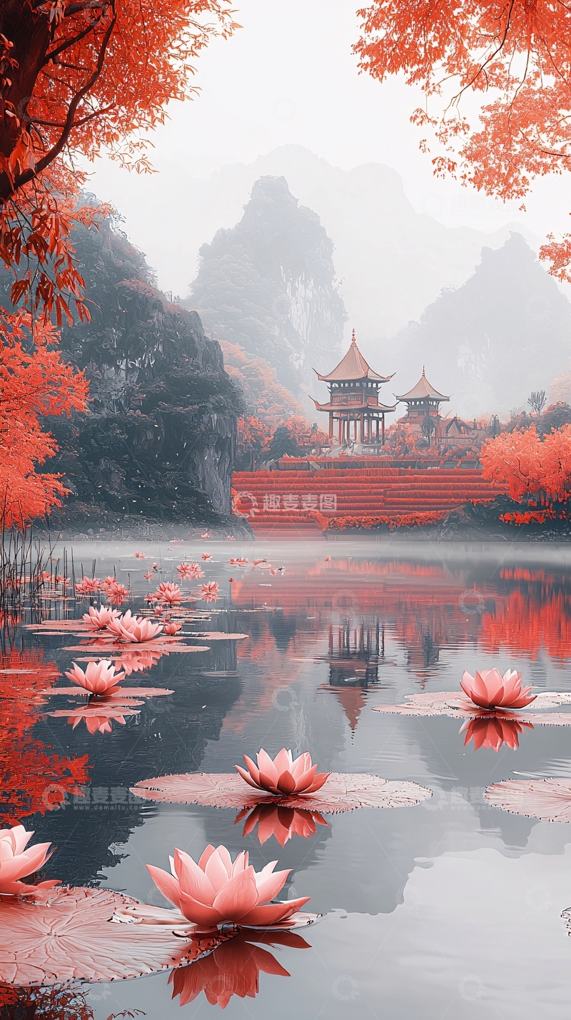 高清大图下载【趣麦麦图】宁静湖面上的红色寺庙