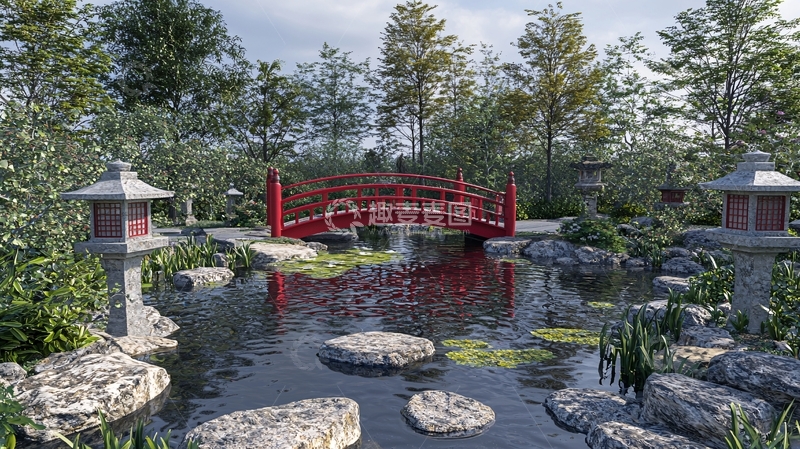 高清大图下载【趣麦麦图】红桥日式庭院