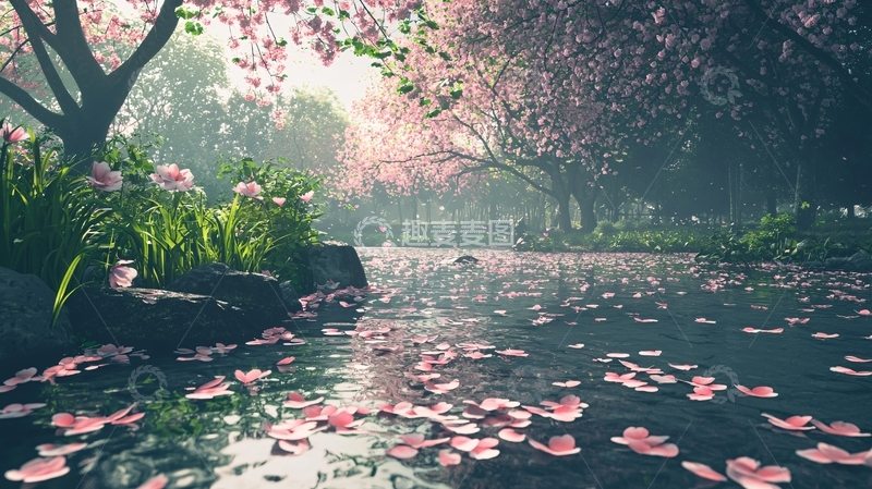 高清大图下载【趣麦麦图】梦幻樱花树下小溪
