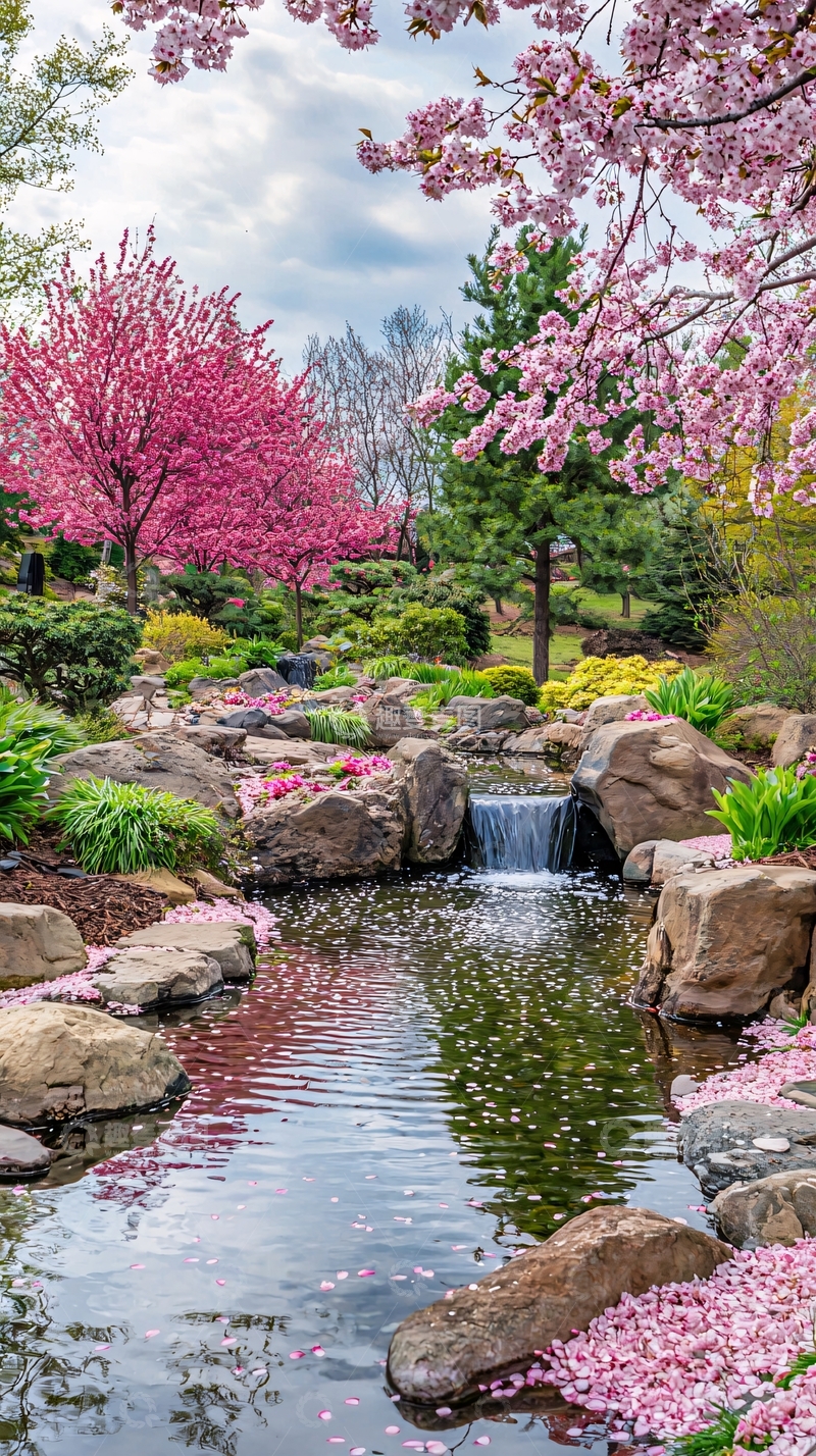 高清大图下载【趣麦麦图】春日樱花园流水景观