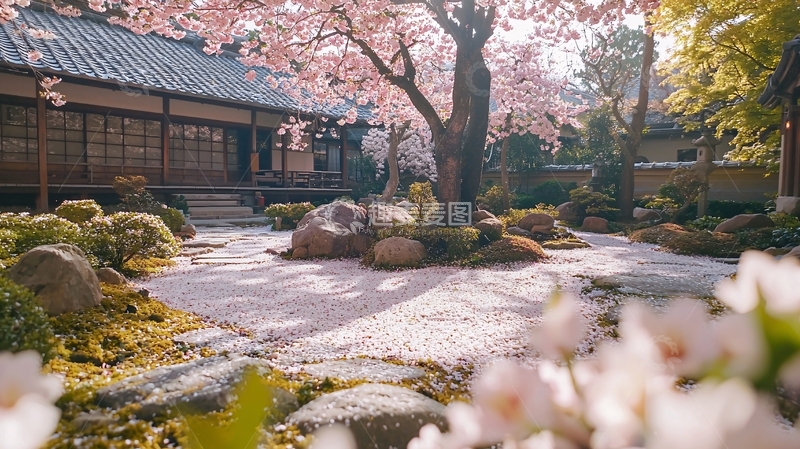 高清大图下载【趣麦麦图】樱花树下的日式庭院
