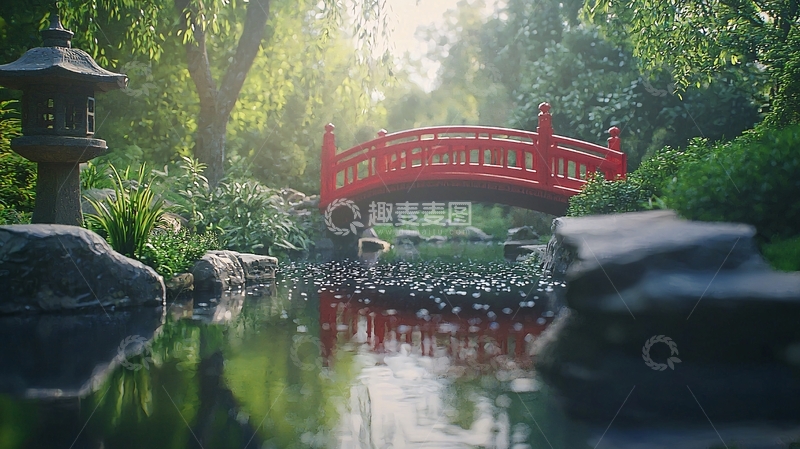 高清大图下载【趣麦麦图】阳光下的日式庭院红桥